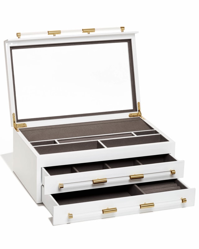 Large Antique Brass Jewelry Box in White Lacquer image number 1.0